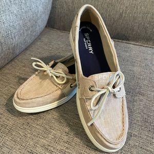 New No Box Sperry TopSider Beige Linen & Leather Boat Shoes Memory Foam Size 8.5